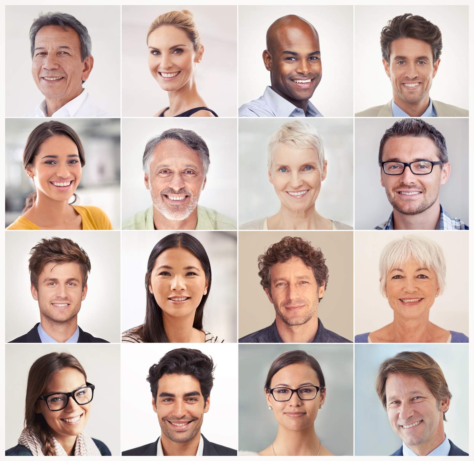 Sixteen smiling people of different ages and backgrounds.