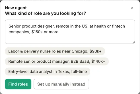 Setting up a new agent: the role described in plain words, with Find roles and Set up manually instead.