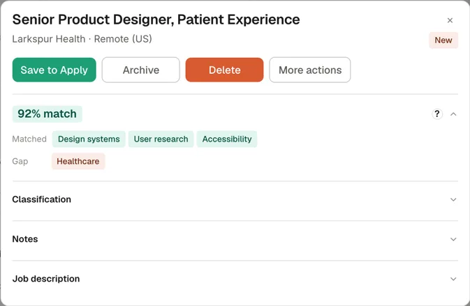 A role's detail panel: a 92% match, the matched skills, one gap, and Save to Apply, Archive and Delete.